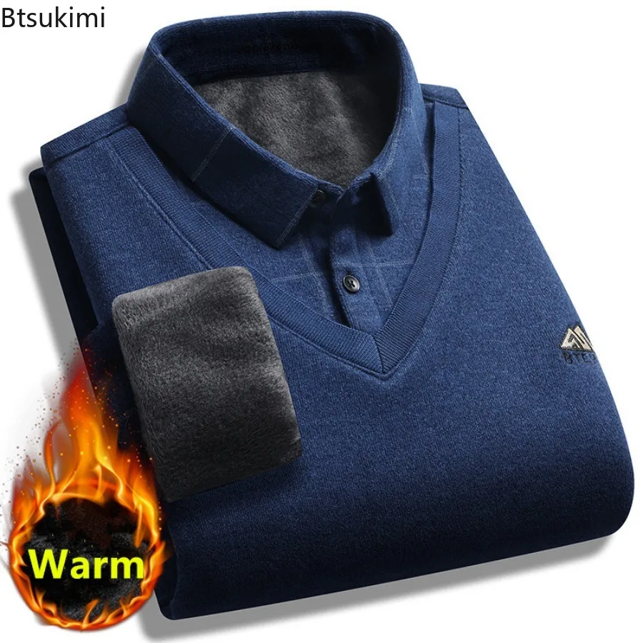 2024 New Men's Business Casual Plus Velvet Thickened Sweater Pullover Autumn Winter Warm Fake Two-piece Knitwear Shirt Male Tops