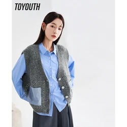 Toyouth Women Knitted Vest 2023 Spring Sleeveless V Neck Loose Sweaters with Pocket Warm Comfort Chic Gray Tops