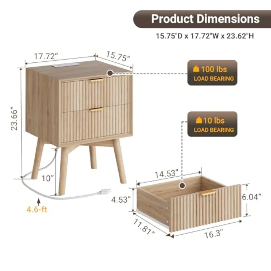 Fluted Nightstand with Charging Station and Beveled Edges, Natural