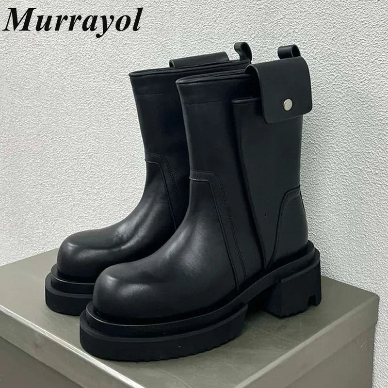 Thick Bottom Heighten Mid Calf Boots Women Round Toe Genuine Leather Short Boots Spring Autumn British Style Chelsea Boots