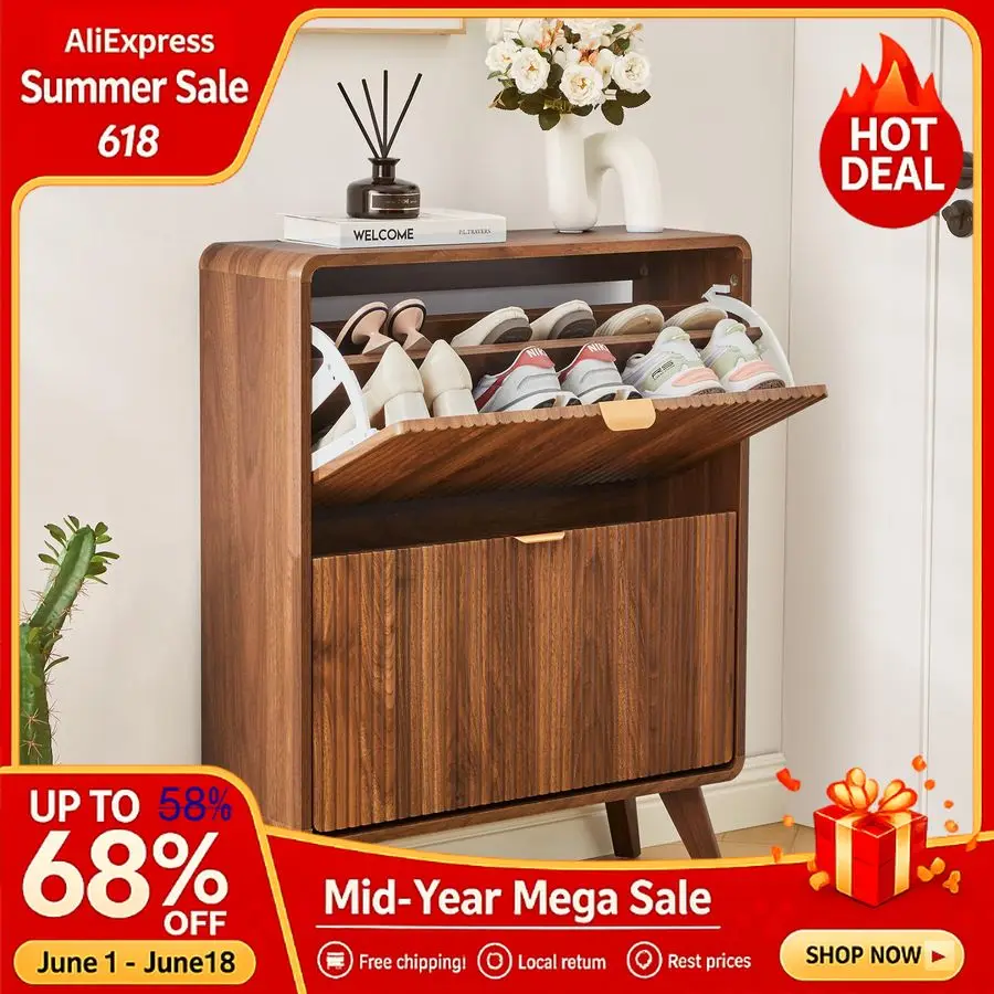 

Fluted Shoe Storage Cabinet with 2 Flip Drawers, Narrow Curved Shoe Cabinet for Entryway, Freestanding Wood Hidden Customizable