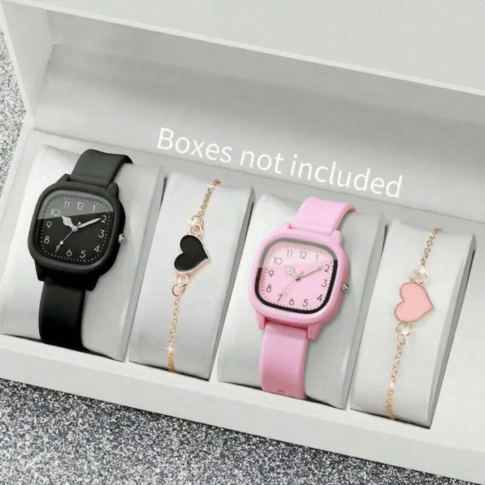 2PCS/Set Square Dial Women Quartz Watch Quartz Movement Heart Bracelet Women Watch Silicone Strap Arabic Dial Watch Casual Wear