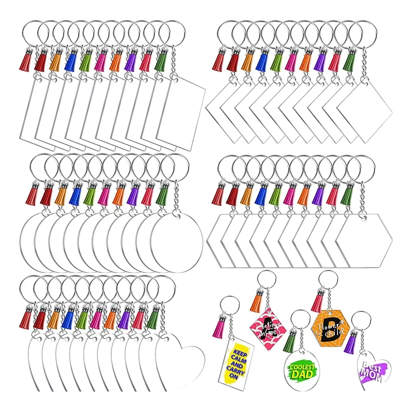 

50 Sets Blank Keychains For Vinyl, Acrylic Keychain Blanks With 5 Shapes Clear Acrylic Disc Leather Tassel Charms