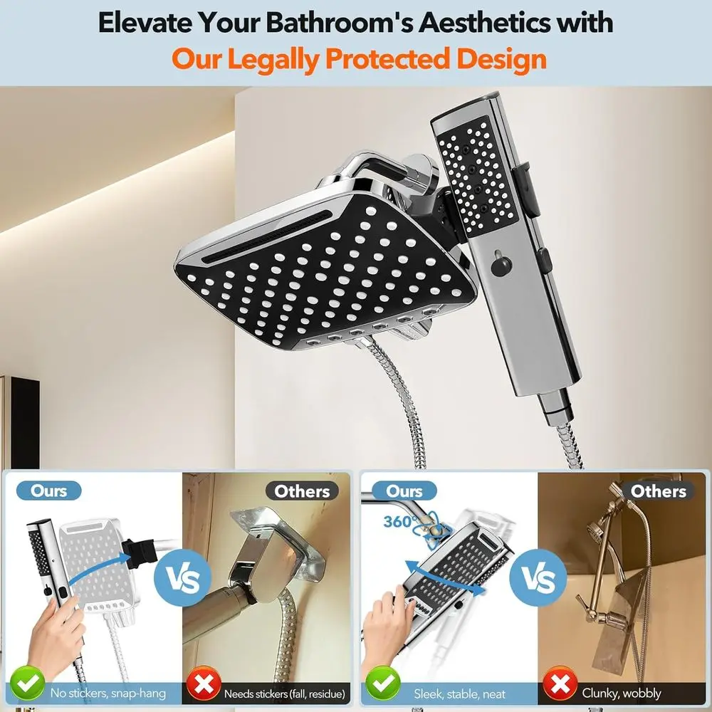 رأس دش مزدوج محمول مقاس 10 بوصات مع 7 أوضاع للرش وخرطوم من الفولاذ المقاوم للصدأ #4