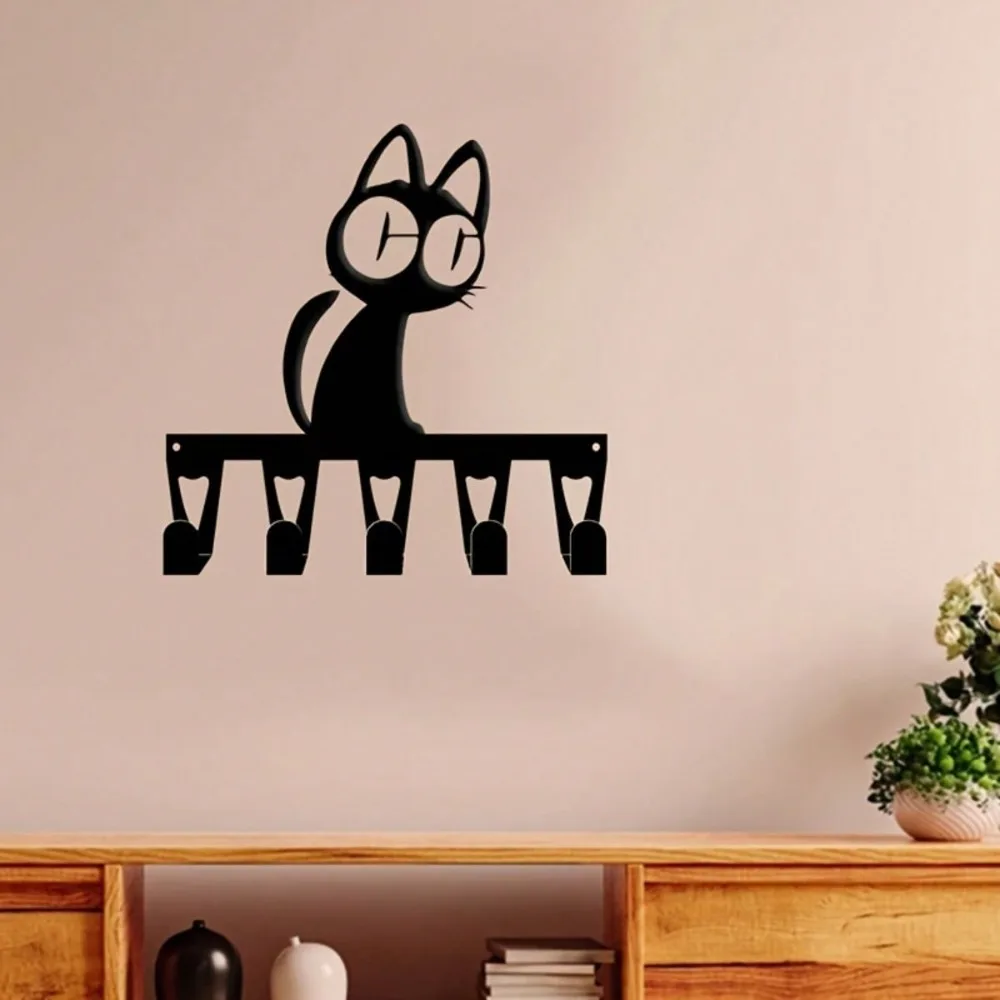 Funny Cat Shape Iron Key Holder, Wall Mounted 5 Hooks for Entryway Hallway, Metal Key Organizer Rack for Home