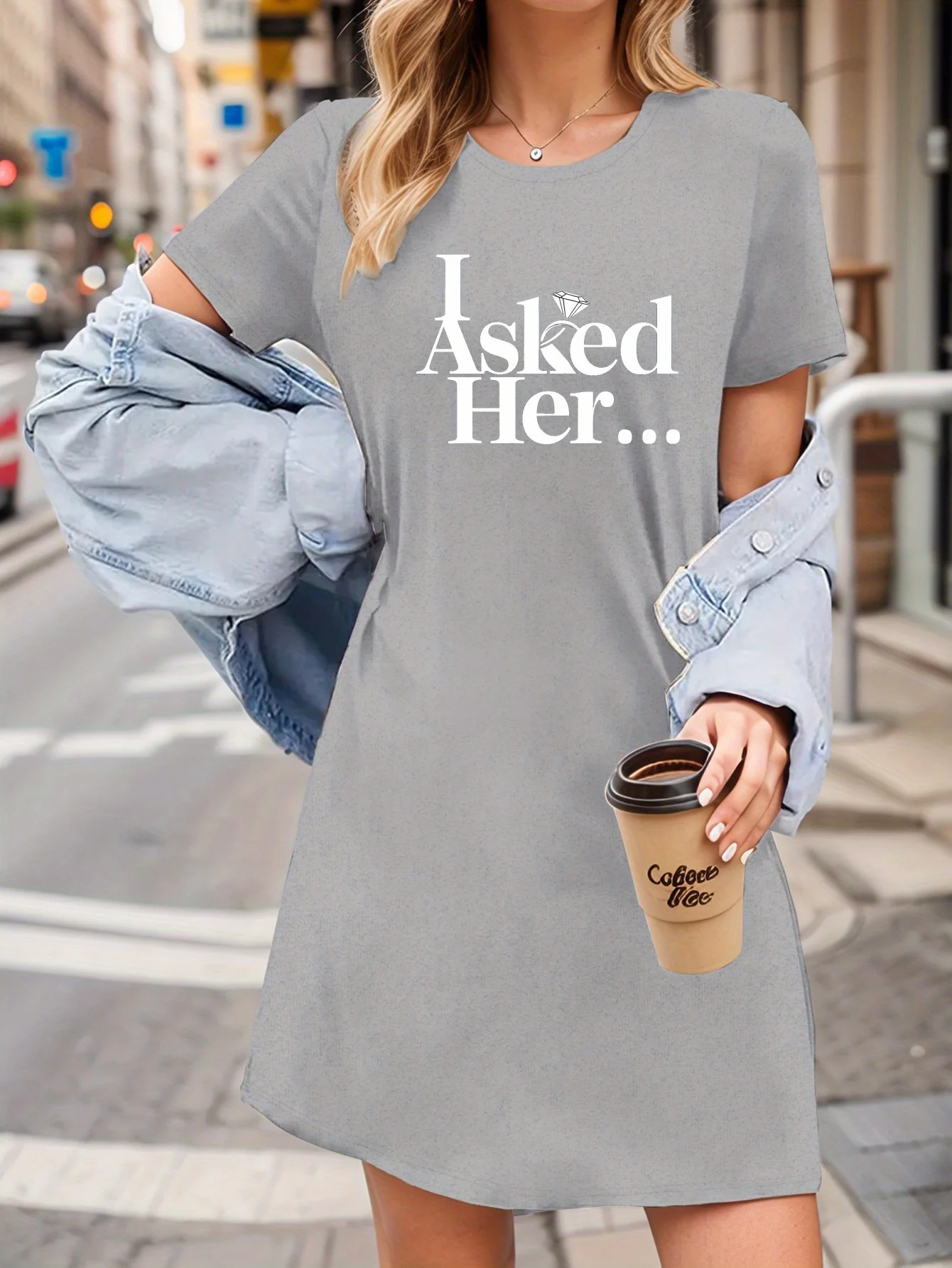 

Women's Casual T-Shirt Dress with I Asked Her Ring Design Plus Size Short Sleeve Round Neck Lightweight Summer Breathable Dress