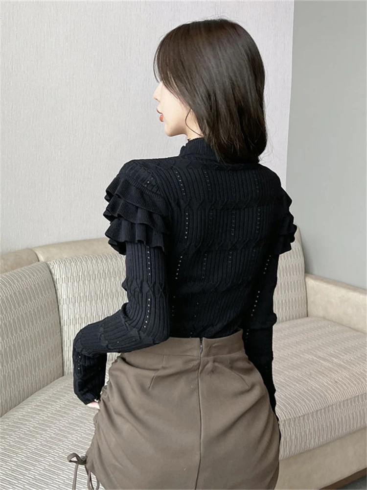 Suéter de punto con volantes de cuello alto medio para mujer, Jersey de punto grueso Delgado, jersey de diseño coreano, botón elegante, Otoño e