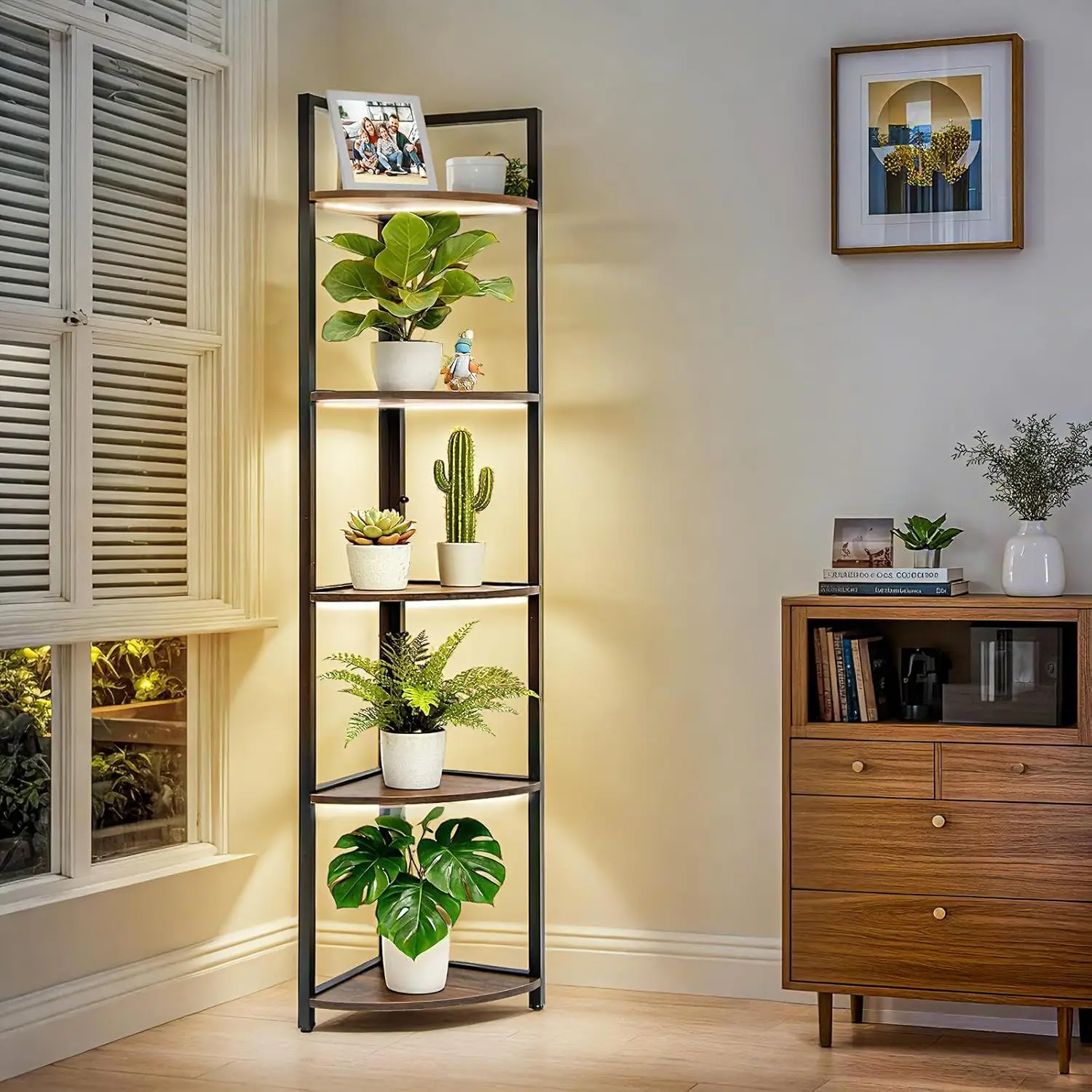 

5-Tier Corner Plant Stand with 4 LED Grow Lights, 59" Tall Indoor/Outdoor Wood Shelf for Plants