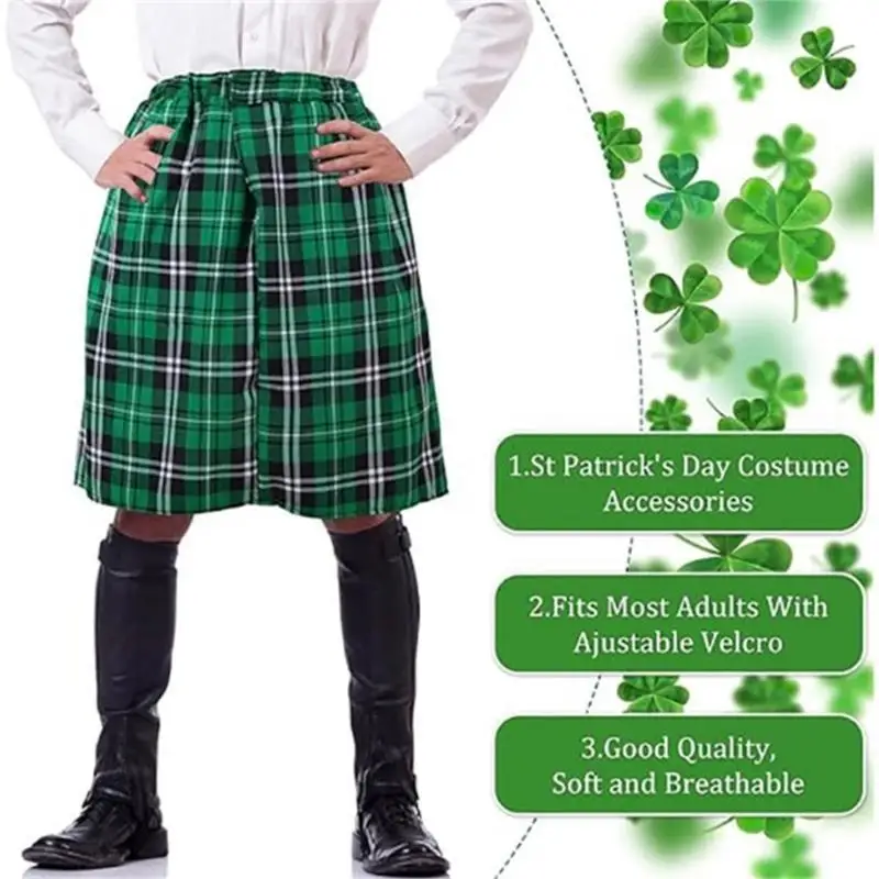 652F Unisex Patrick's Day Green Plaids Tartan Kilts Skirt Clothing for Theme Parties