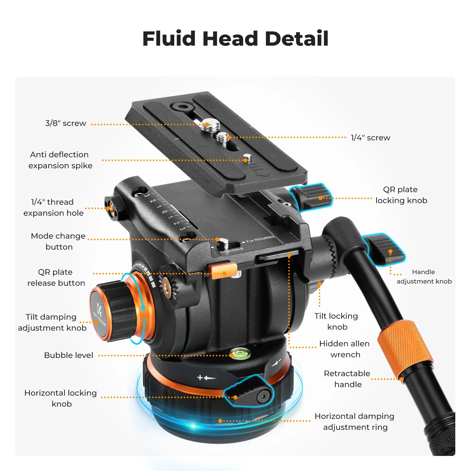 K&F CONCEPT 22lbs/10KG Load Capacity Fluid Head Tripod Max 1.91m Professional Video Camera Tripod for Heavyweight Camera VA3BV10