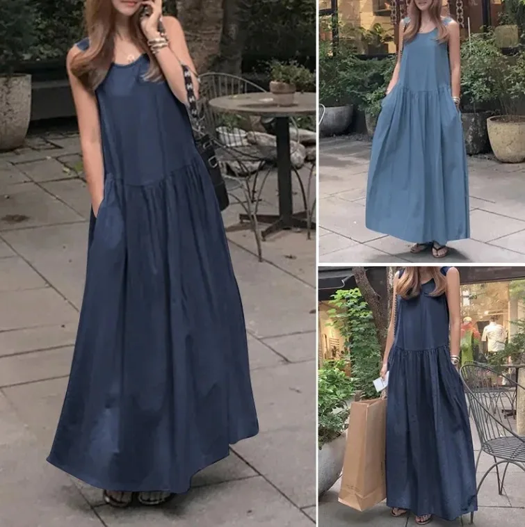 

2025 Summer Cotton and Linen Casual Round Neck Sleeveless Large Size Loose Solid Color Vest Long Pendulum Dress