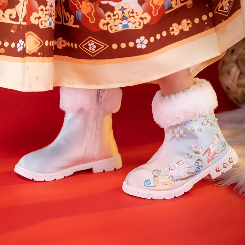 CY348 Winter New Hanfu Boots Antique Performance Baby New Year Shoes Children Embroidered Cotton Boot Female