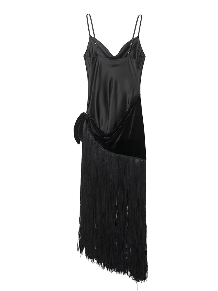 HH Frauen Mode Fransen Samt Patchwork Party Langes Kleid Weibliche Elegante Schwarze Abendkleid Sexy Ärmelloses Hosenträger Kleid