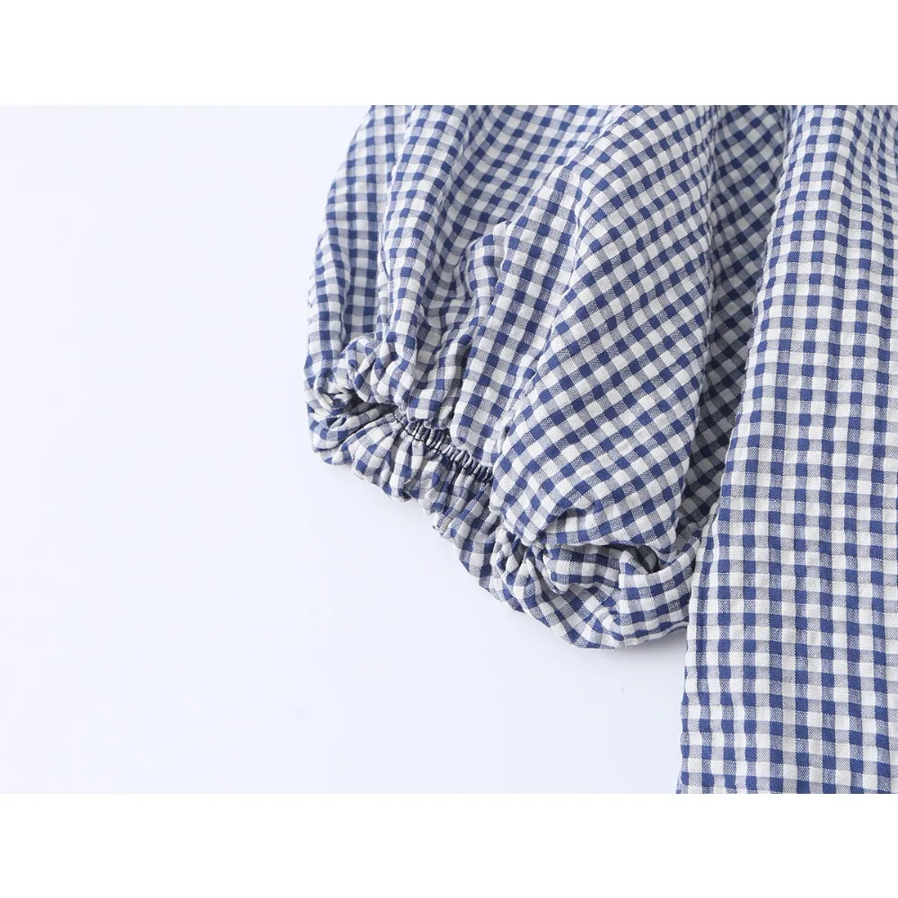 New in Summer Women Gingham Peplum Blouse with A-line Hem Elegant Stylish V-neck Short Balloon Sleeves Blouse with Elastic Cuffs 4