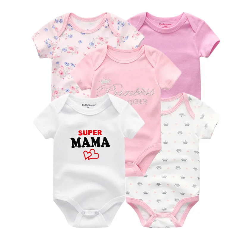 5 Pieces 0-1 Year Infant Daily Clothes, Multi Letter Floral Print Breathable Cotton Unisex Baby Short Sleeve Bodysuit
