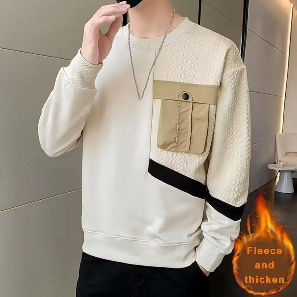 

Fall Spring Men Sweatshirt Round Neck Applique Pocket Patchwork Solid Color Long Sleeve Loose Pullover Soft Mid Length Men Top