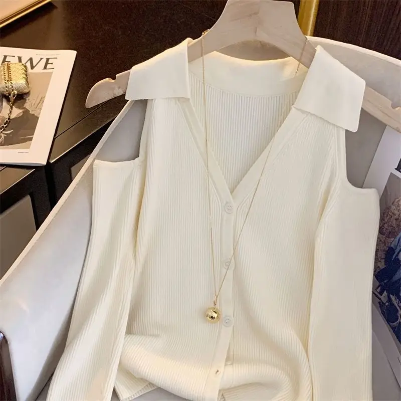 Women Clothes Spring Autumn Fashion Simplicity Trend Button V-neck Knitting Ladies All-match Appear Thin Off Shoulder Long Sleev