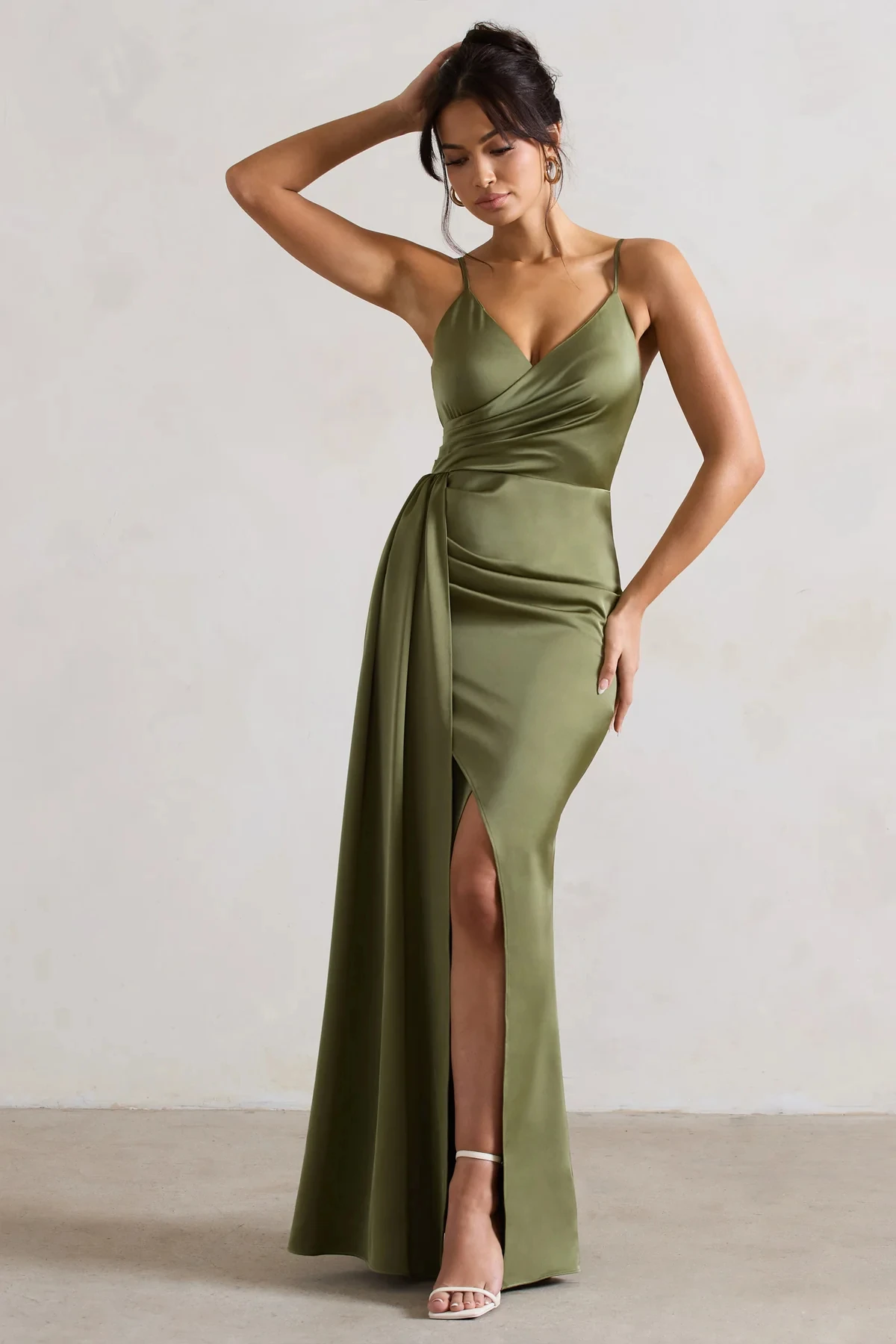 Olive Green Satin Evening Dresses V-Neck High Side Slit Spaghetti Strap Backless Mermaid Prom Party Evening Dress