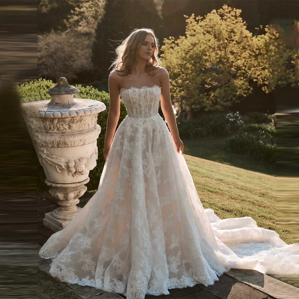 

Sexy Women A-Line Wedding Dresses Elegant Lace Flower Printing Tulle Bride Gowns Engagement Banquet Vestidos De Novia Customized