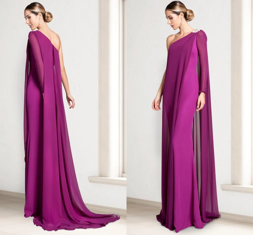 

Purple Saudi Arabic Evening Dress 2023 Cap Sleeves One Long Shoulder Chiffon Formal Prom Gowns Robe De Soirée Vestidos Feast