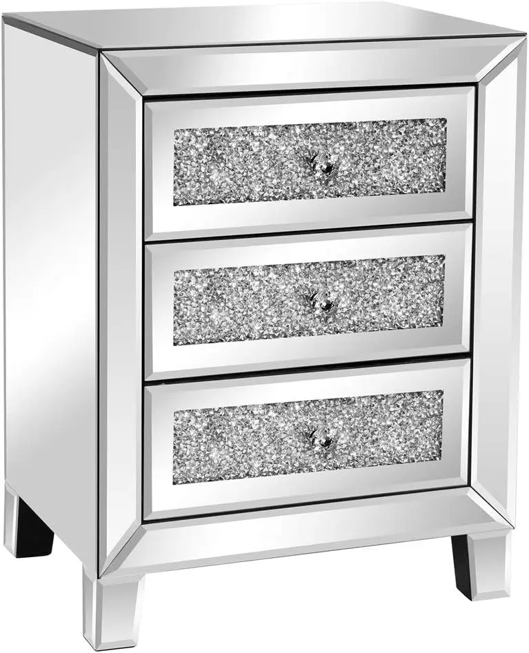 Mirrored Nightstand with 3 Drawers Modern End Table Bed Side Table with Mirrored Finish,17.72-inch W x 13.78-inch D x 23.62-inch