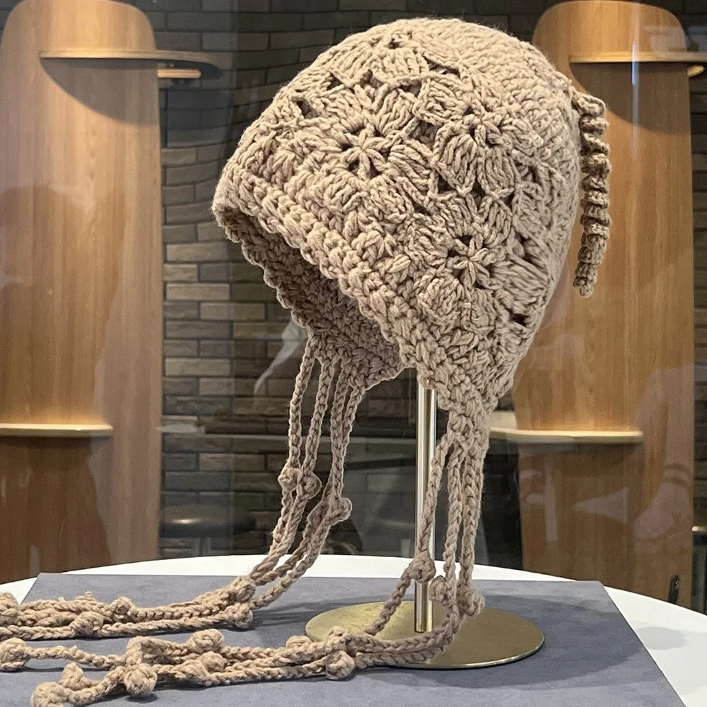 New Flower Knitted Crochet Hat Hollowed Out with Tassels Mesh Pullover Hat Braided Ear Protector Ear Flap Beanie Women