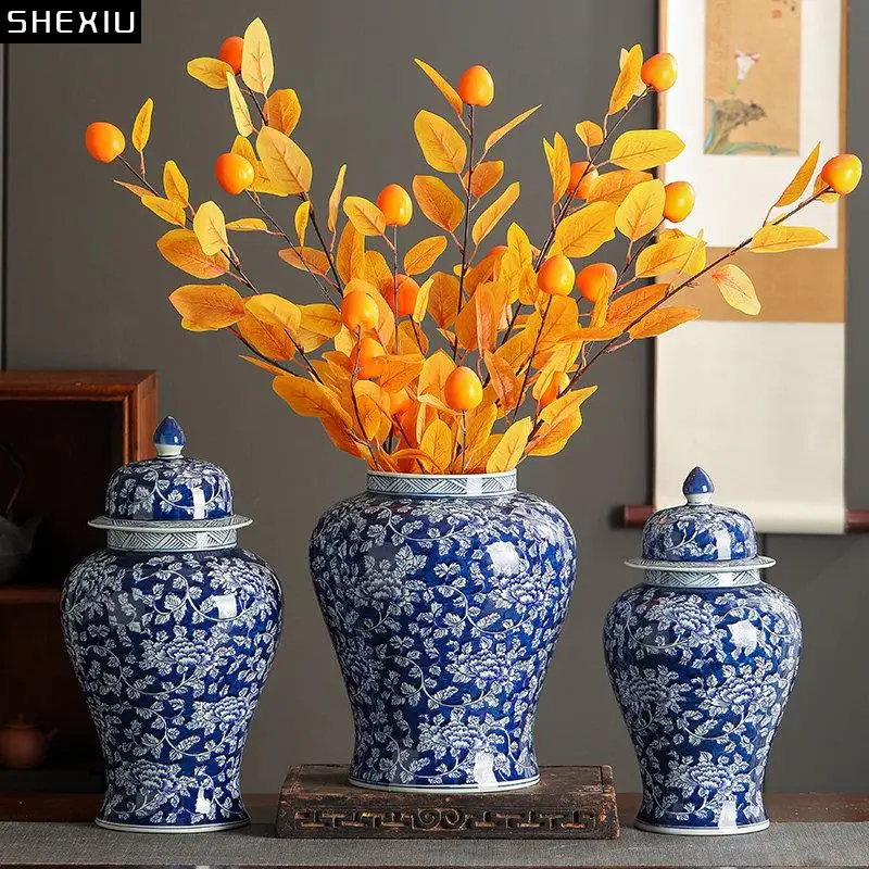 

Flower Branches Texture General Tea Canister Candy Pots Blue and White Porcelain Ginger Jar Desk Decoration Vase