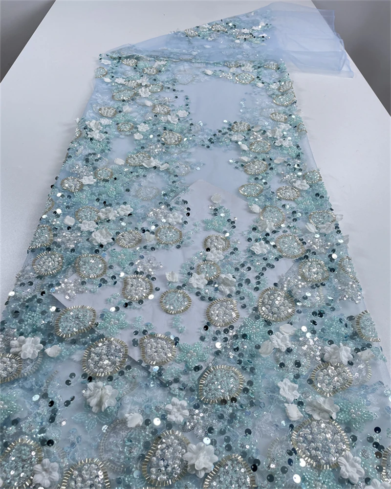 Alta qualidade africano francês tule tecido de renda lantejoulas bordado frisado para casamento nigeriano noivo