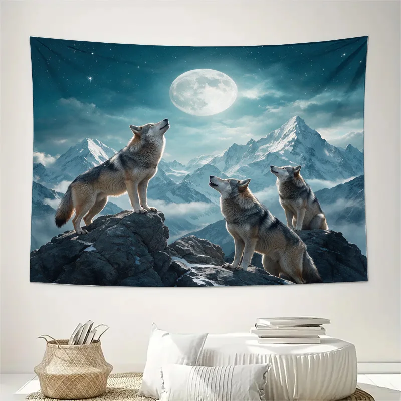 Dramatic Wolf Howling Full Moon Mountain Landscape Curtains Semi Sheer Decorative Window Panel Living Room Backdrop Curtain Drap