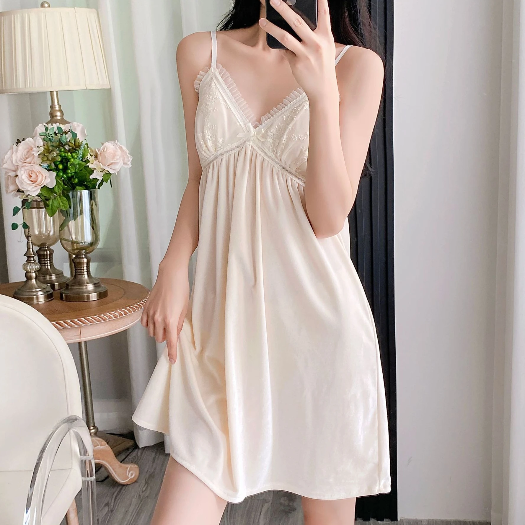 

Lace Nightgown Sleepwear Sexy Women Spaghetti Strap Nightdress Loungewear Velour Sleepwear Nighty Gown Home Wear Outfits