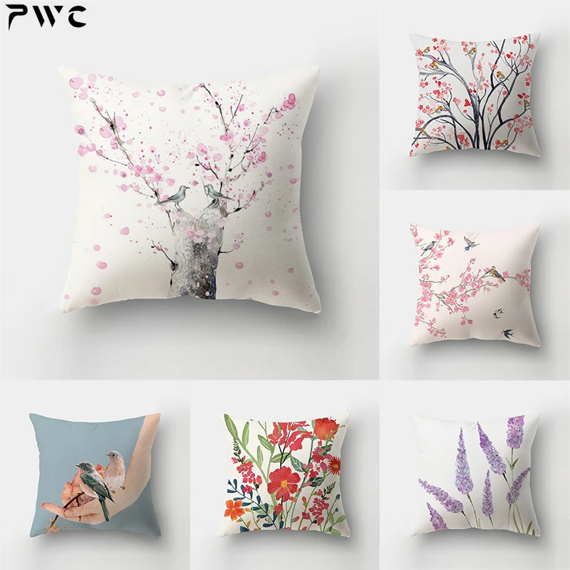 

45x45cm Deer Leaves Flower Bird Landscape Throw Pillow Cover Bed Sofa Office Car Lumbar Cushion Home Decor