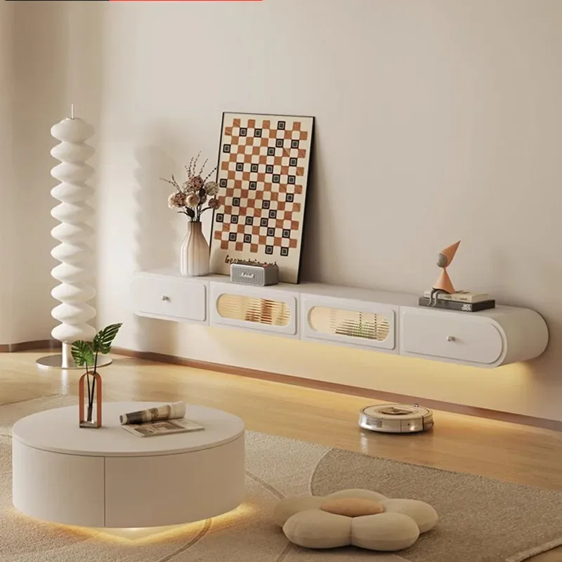 

Cream Floating TV Stand Ultra Slim Wall Mounted Storage Shelf with Hidden Compartments Modern Small Space Living Room