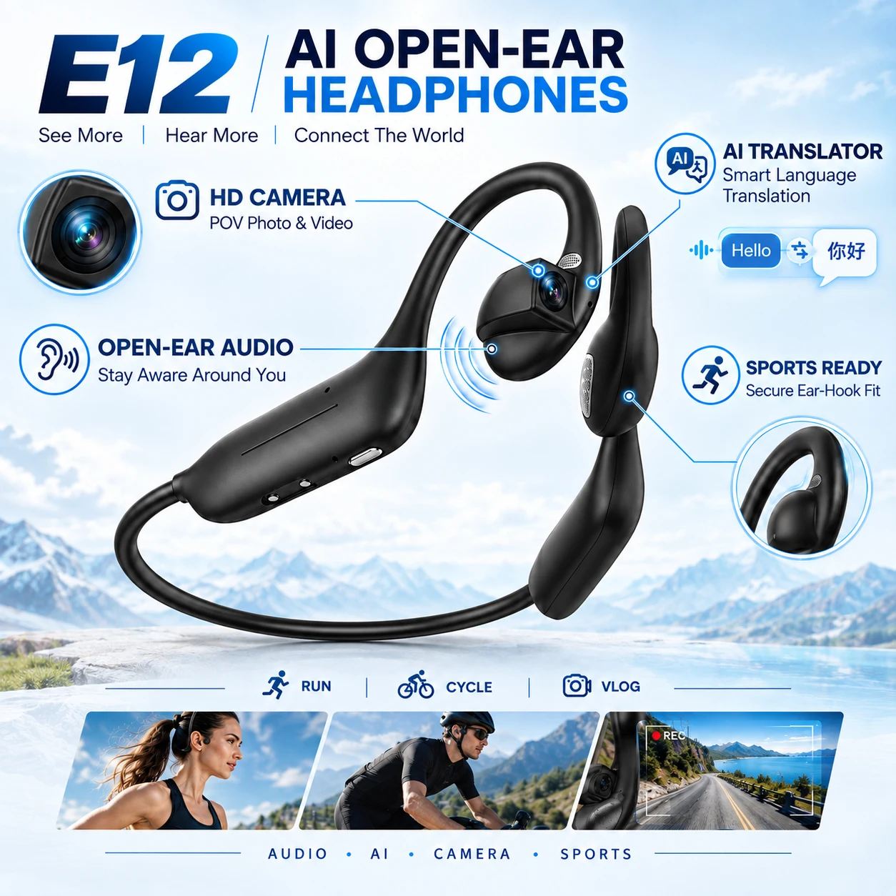 E12 Ear Hook Bone Conduction Headphones Open Ear Sports Earbuds with AI Translator HD Camera for Running Cycling Vlog Shooting