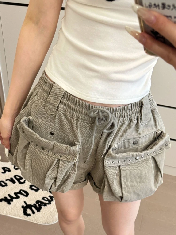 High Waist Rivet Vintage Safari Style Shorts Denim Small Fellow High Waist Slim Pantalone Straight Casual Drawstring Pant