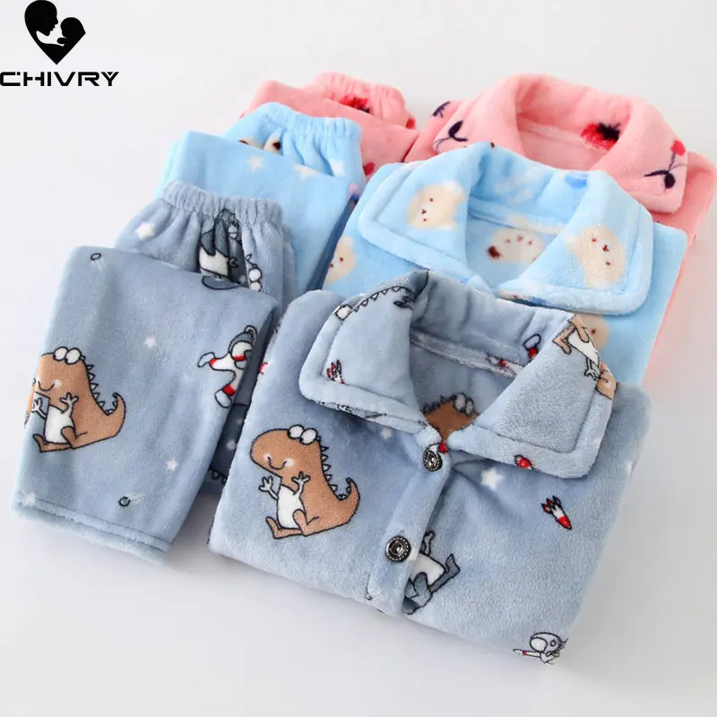 Pyjama en flanelle doux pour enfant, haut à revers et pantalon, ensemble dessin animé, manches longues, vêtements de nuit pour bébé, automne et hiver