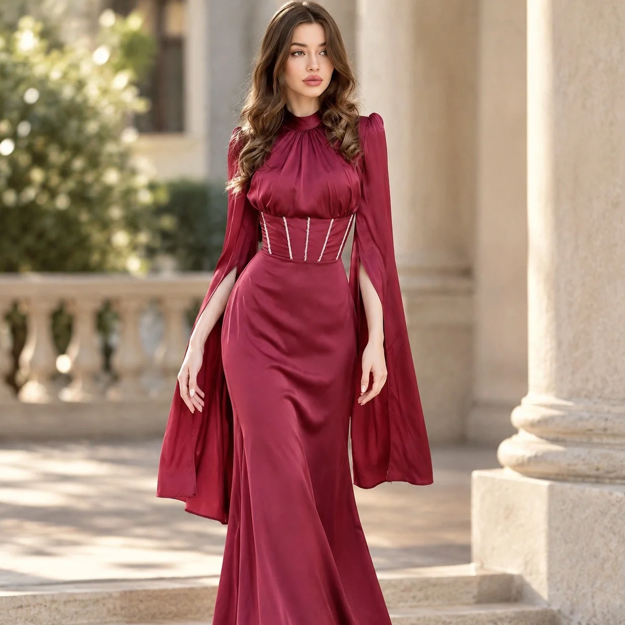 Long Sleeve Mid Waist Dress Slim Fit with Fitted Silhouette Round Neck Elegant Ladylike Socialite Style Spring for Women