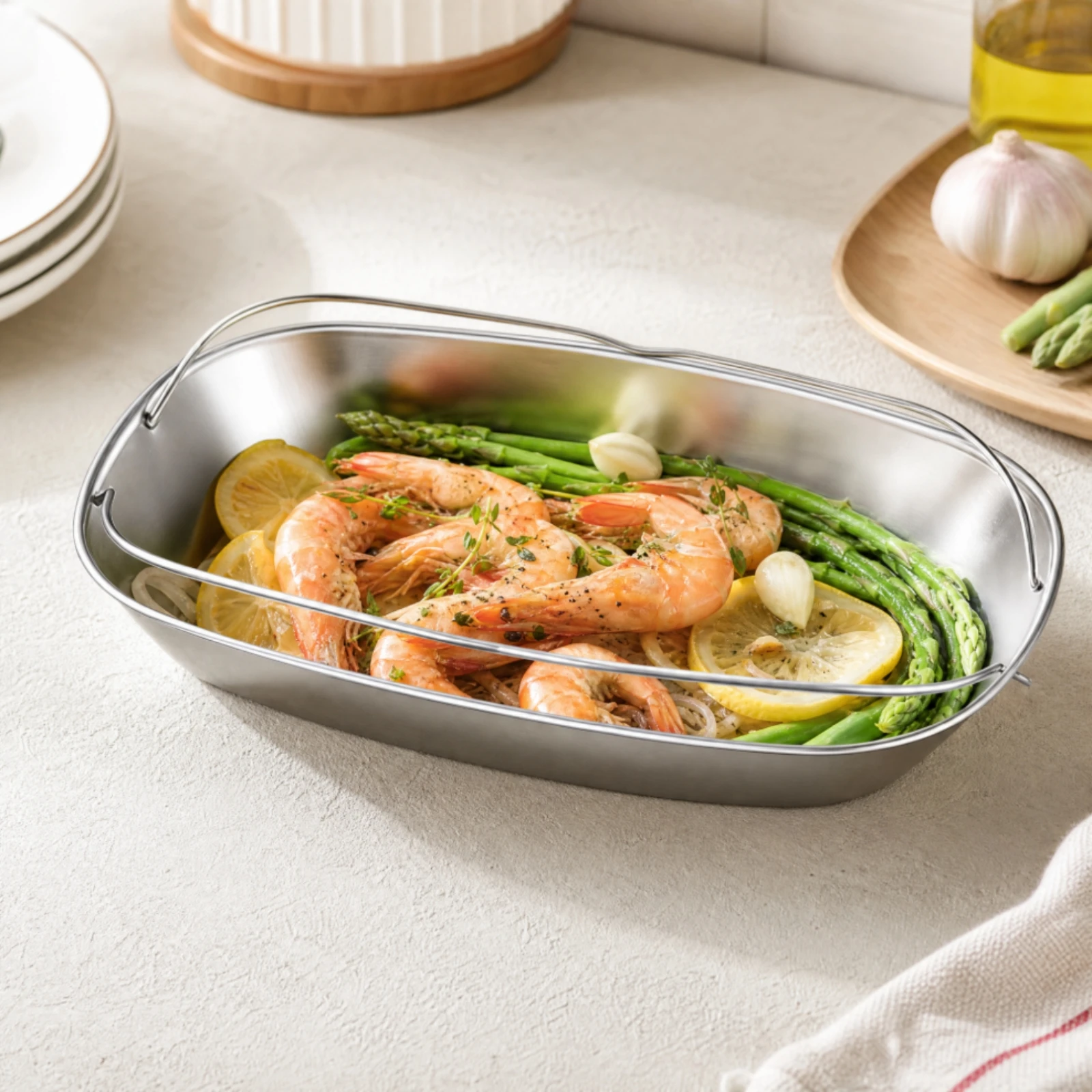 Stainless Steel Seafood Steaming Tray Lightweight Seafood Steaming Tray with Carrying Handle Steamer Pot Insert Compact