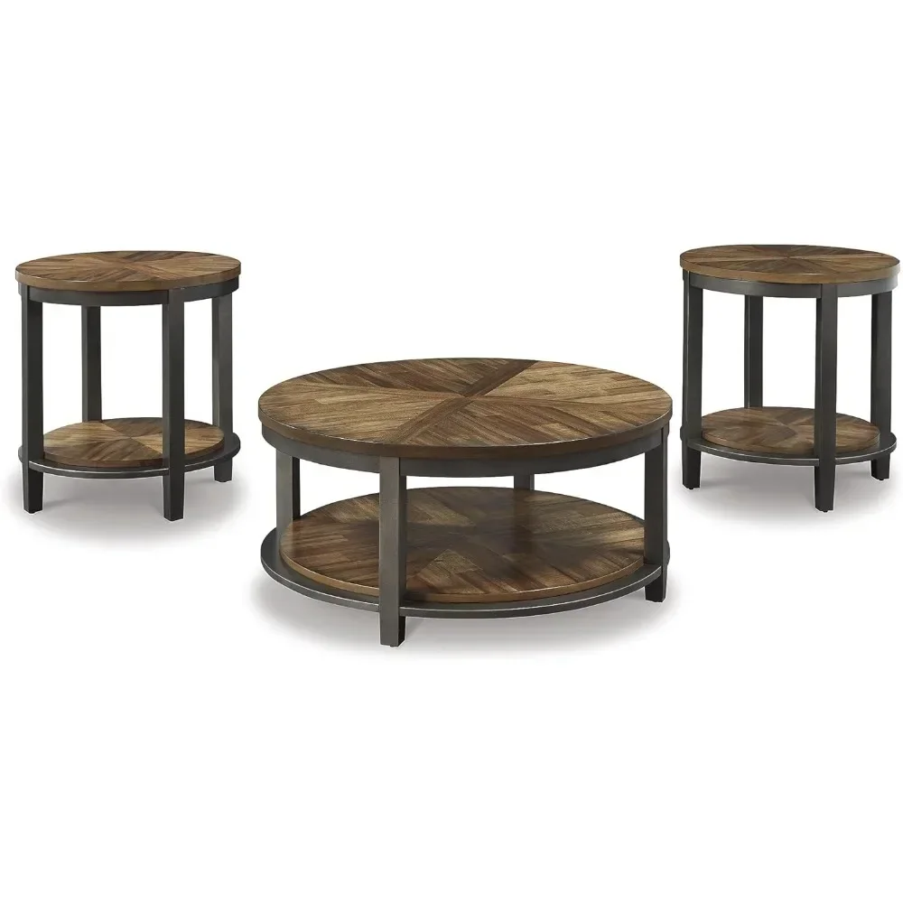 Roybeck-Ensemble de table rond rustique, comprend 1 table basse et 2 tables d'extrémité, étagère partenaire, marron clair, 3 pièces