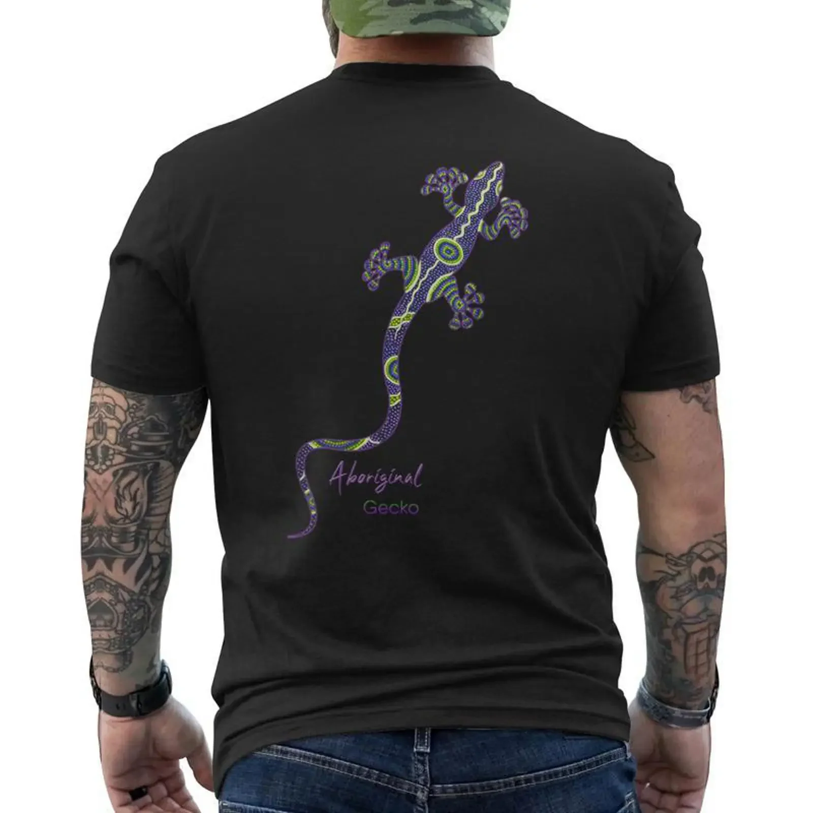 Motif Gecko Aborigène T shirt imprimé au dos Cadeauxyz vintage Washed Casual Comfortable Breathable Top For Everyday Wear