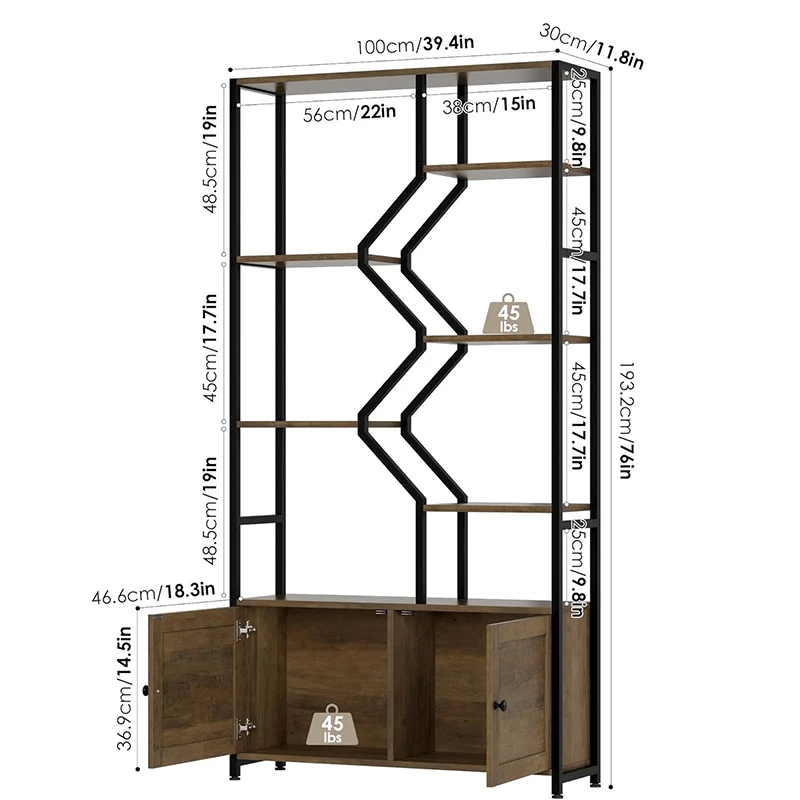 Tall Shelf With Storage Cabinet Doors, 6 Tier Open Bookshelf For Multi-use Display, Staggered Book Shelf Etagere Bookcase