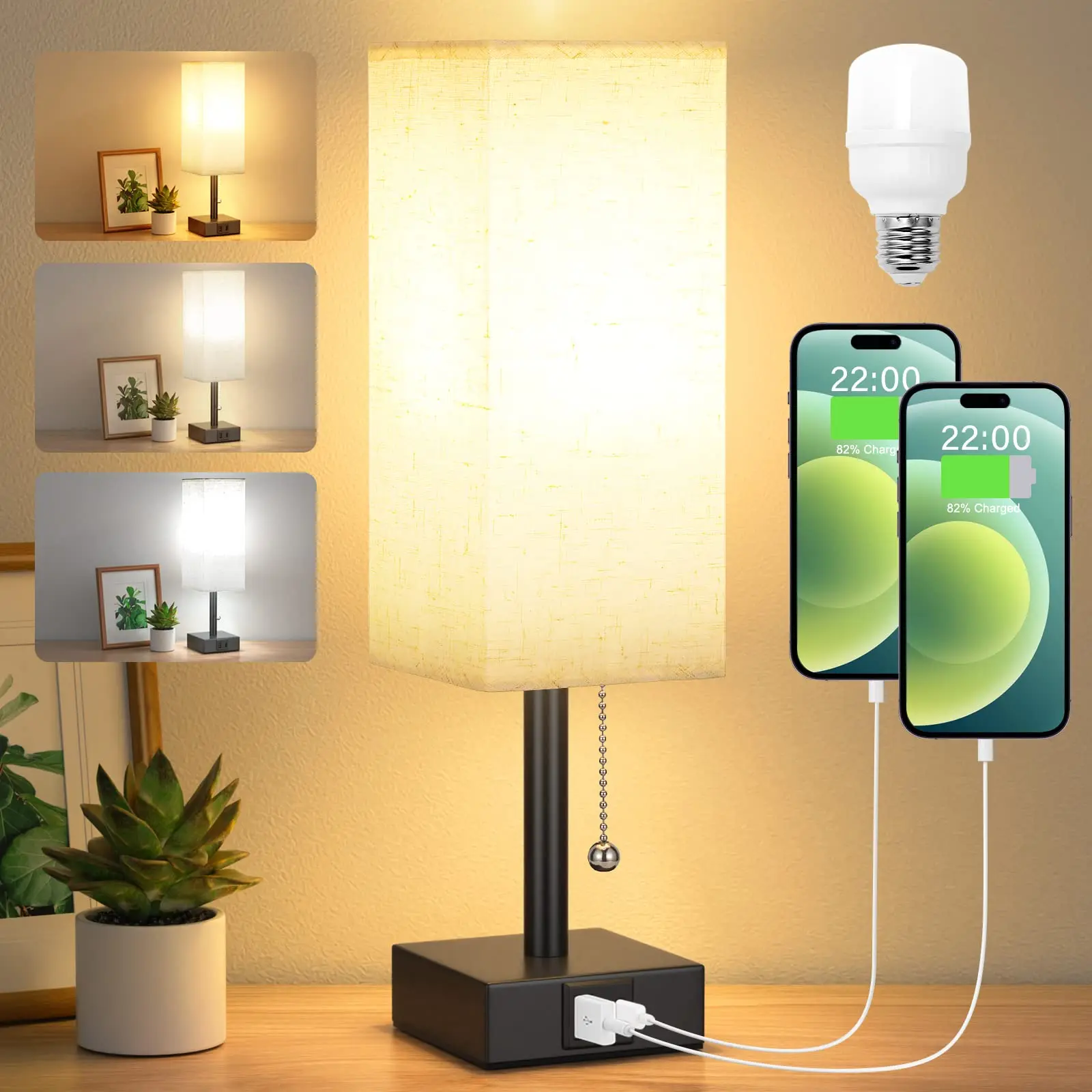 

Pull Chain Table Lamp Bedside Table Lamps with USB C+A Ports Small Bedroom Light Lampshade Lamps for Living Room Light Fixture