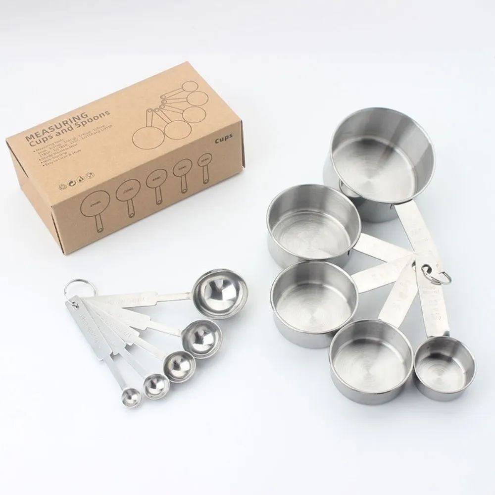 Stainless Steel Measuring Cups Polished Surface Ring‑hook Design Measuring Spoons Solid Metal Engraved Mark Kitchen Measure Tool
