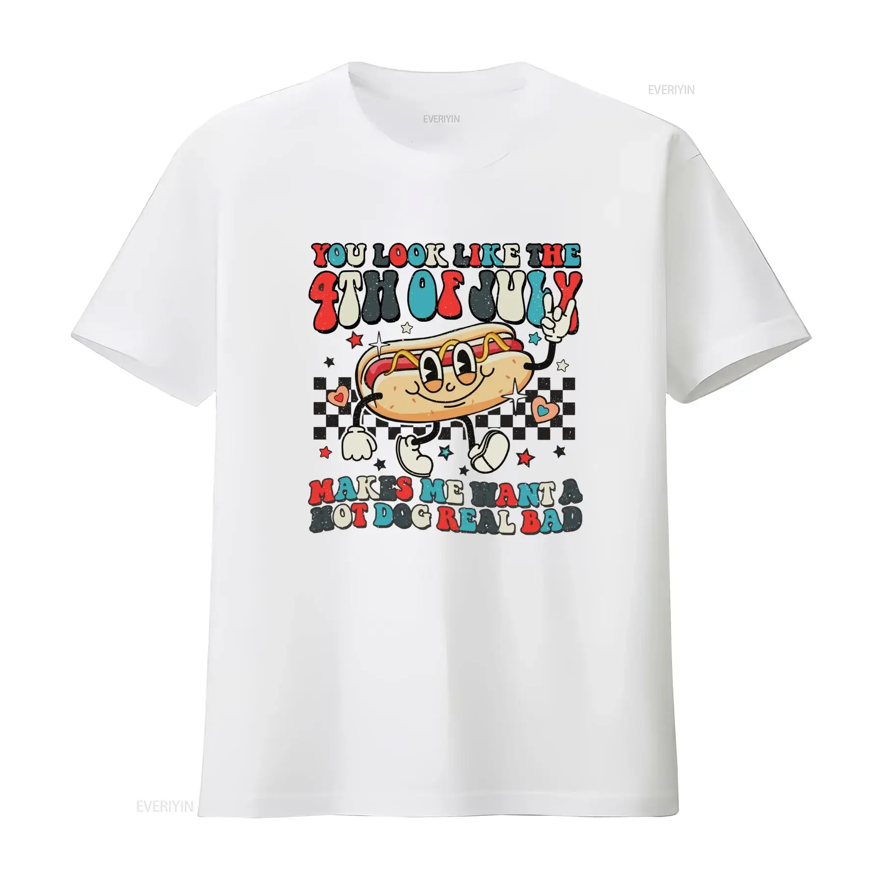 Retro 4th of July Funny Cartoon Hot Dog Patriotic Print Casual T Shirt vintage Washed Versatile Unisex Soft Stretched