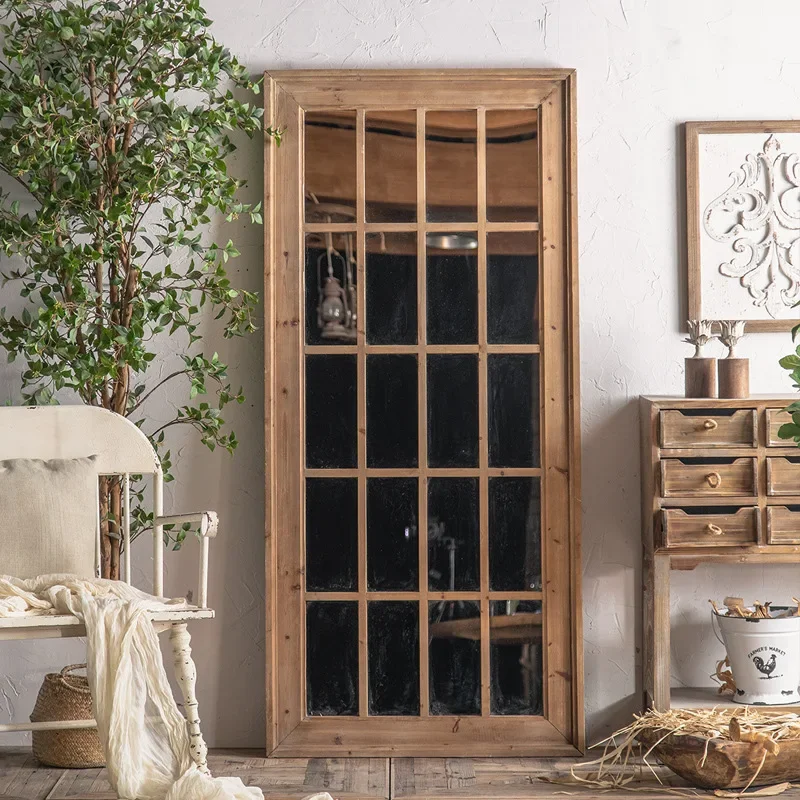 Country vintage full-length mirror, solid wood distressed floor mirror, dressing mirror, household mirror