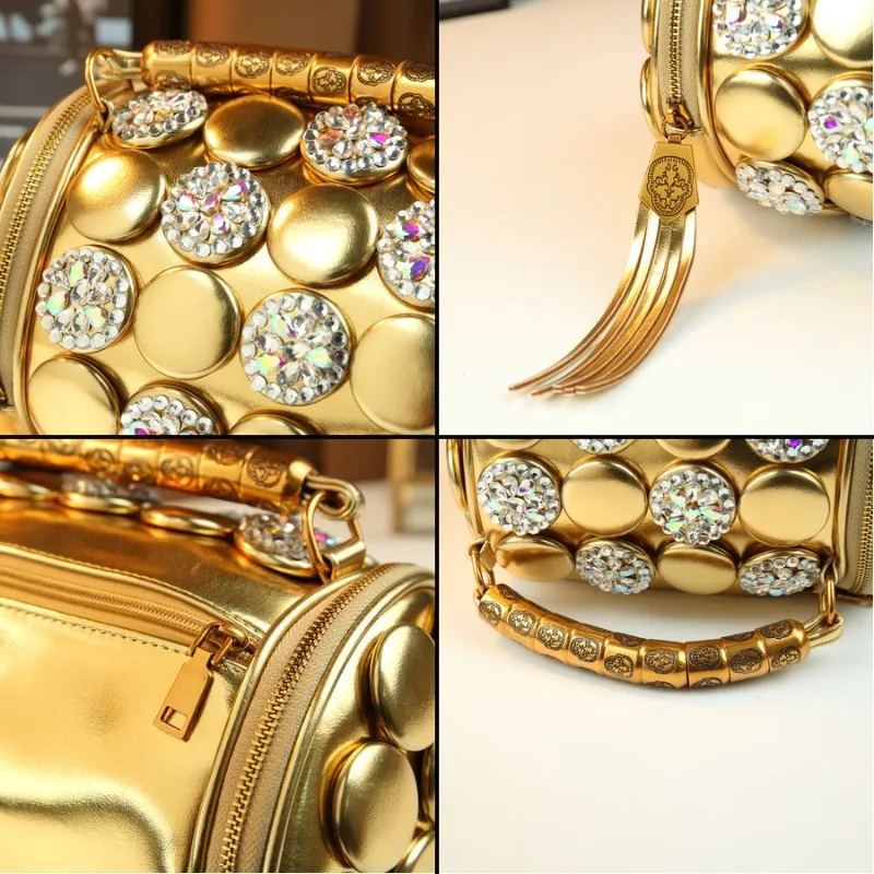 Stylish Creative Three-dimensional Diamond-encrusted Polka Dot Decorative Portable Cylinder Bag Retro Shoulder Crossbody Simple