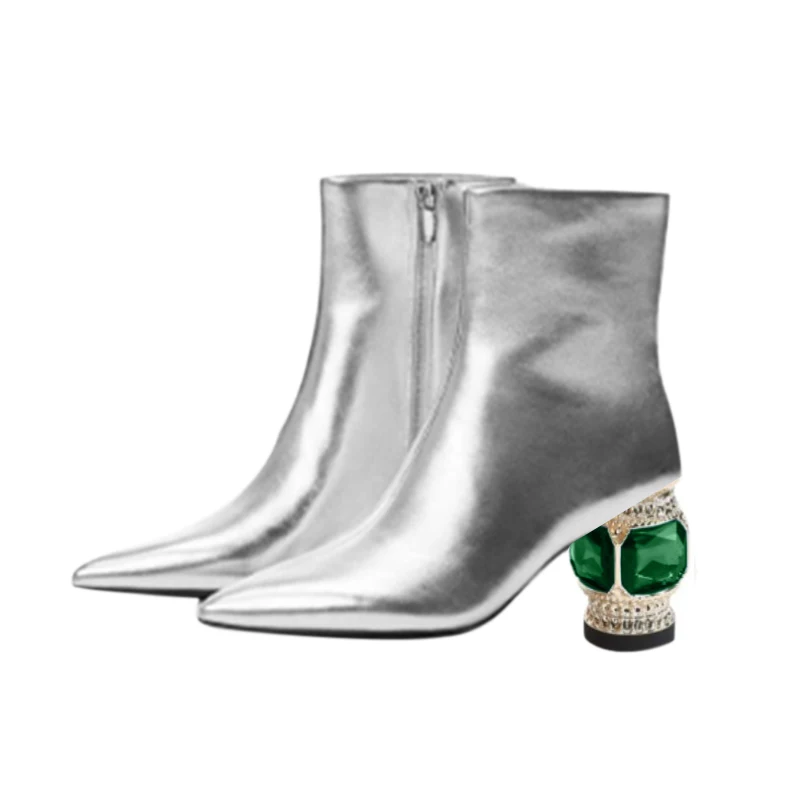 

SHOFOO shoes Sexy women's high heels boots. About 5.5 cm heel height. Crystal heel Silver ankle boots. Pointed boots. size:34-46