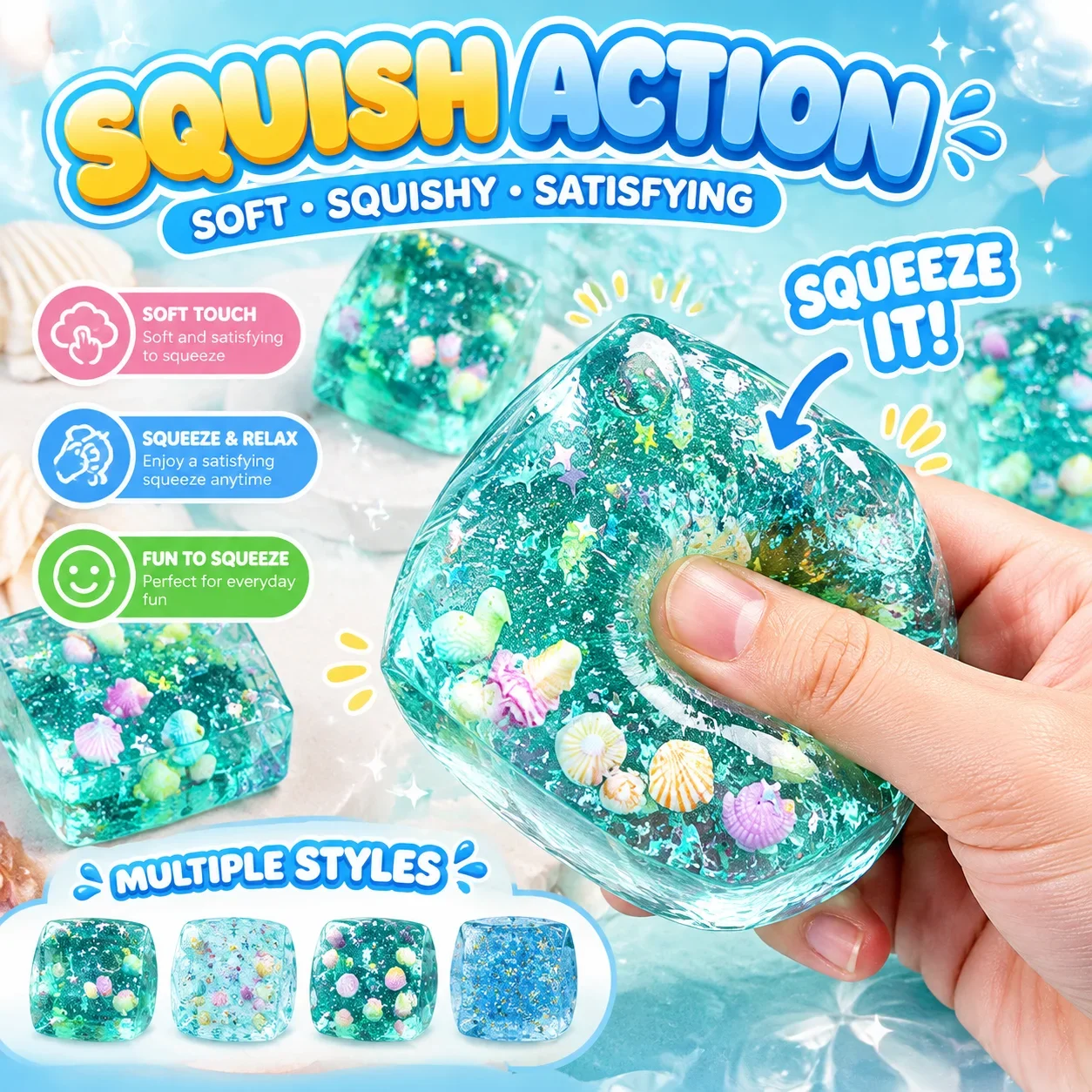 3D Slow Rebound Ocean Shell Squishy Stress Relief Toy Simulation Cube Fidget Squishy Student Vent Decompression Ornament