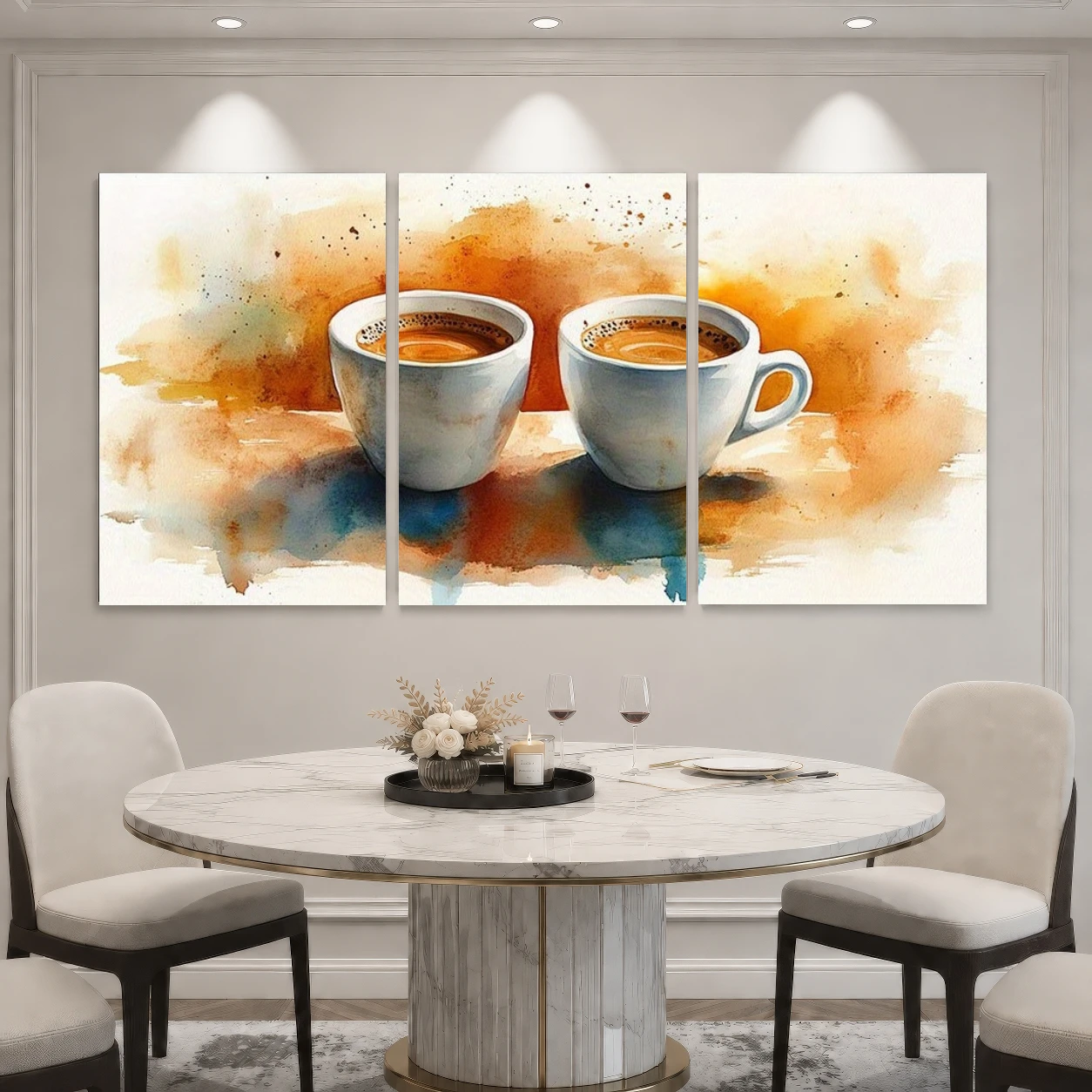 2D Flat, 2D Flat, 3pcs Watercolor Coffee Wall Art Prints, Two Cups of Coffee with Warm Tone Background, Frameless Art Prints