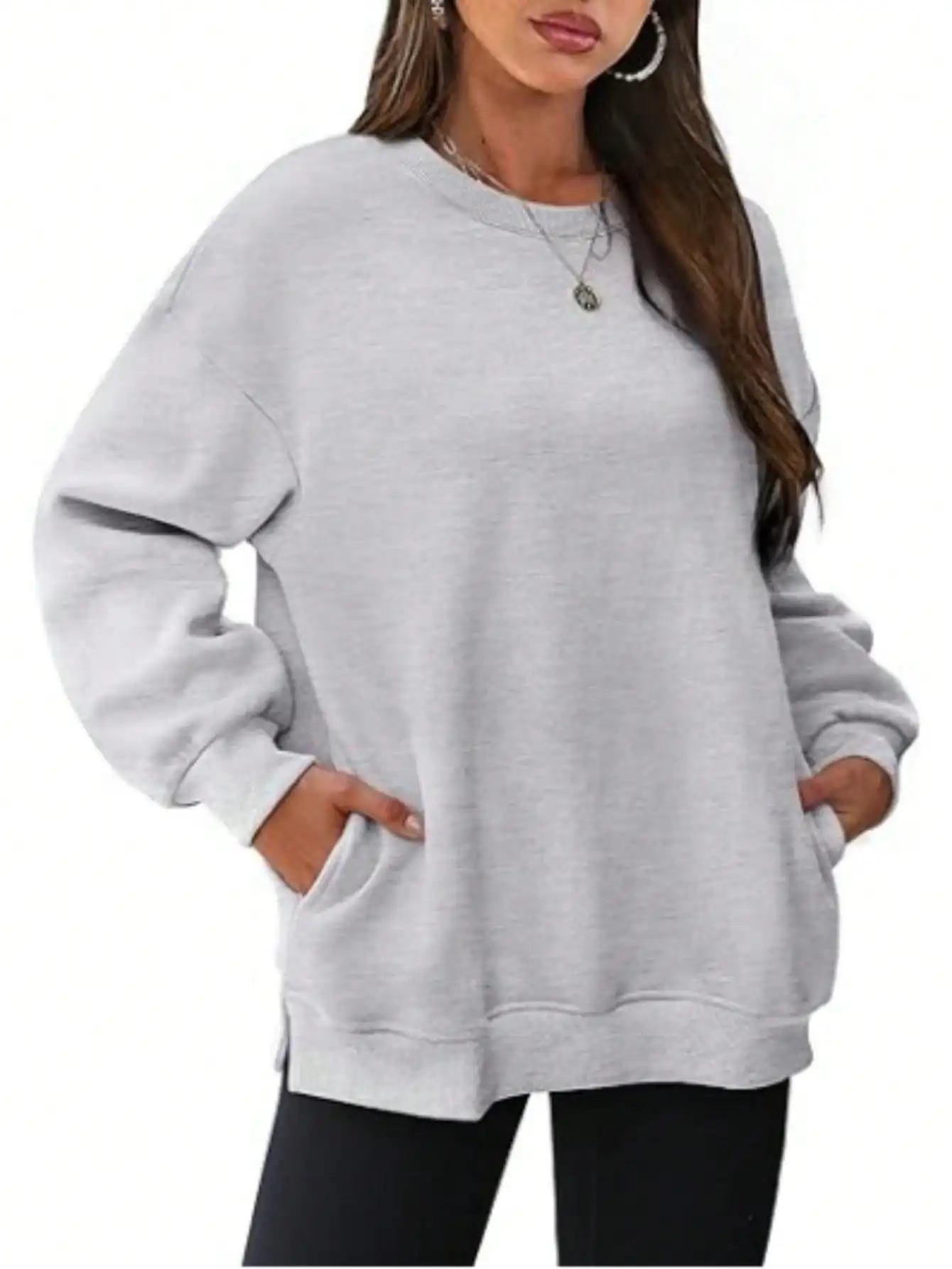 

Женская толстовка оверсайз с круглым вырезом и карманами, свободный крой, длинный рукав, повседневный топ для осени