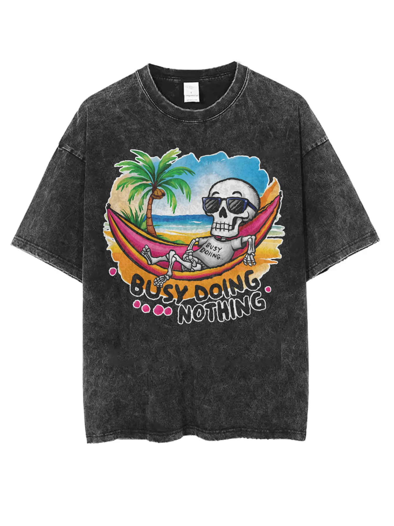 تي شيرت أسود مغسول برقبة دائرية الأكثر مبيعًا للنساء والرجال، مناسب مريح بطباعة الهالوين، قماش شتوي كاجوال مطبوع